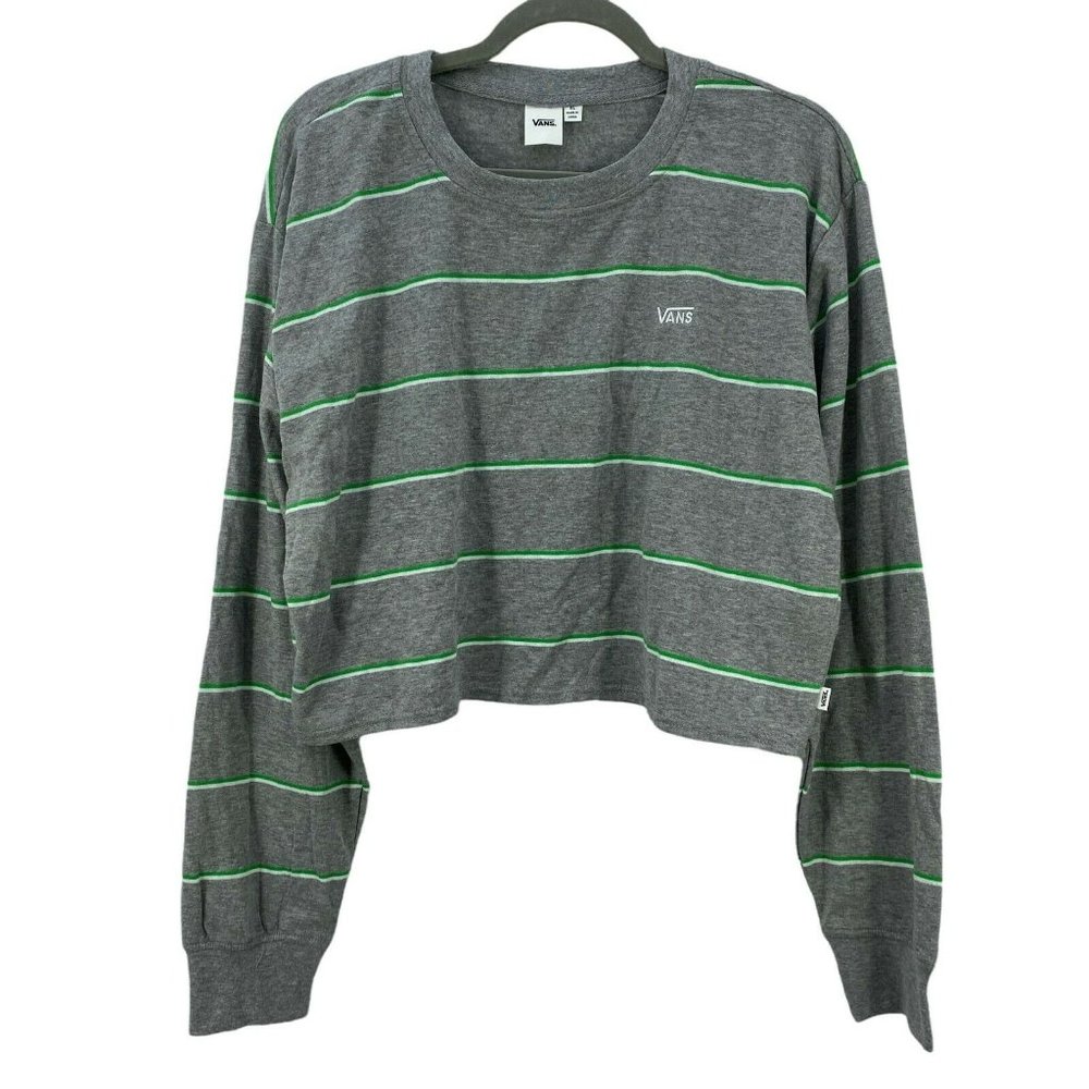 Vans Womens Gray Striped Puff Sleeve Crew Neck Cropped Pullover Sweatshirt Sz XL